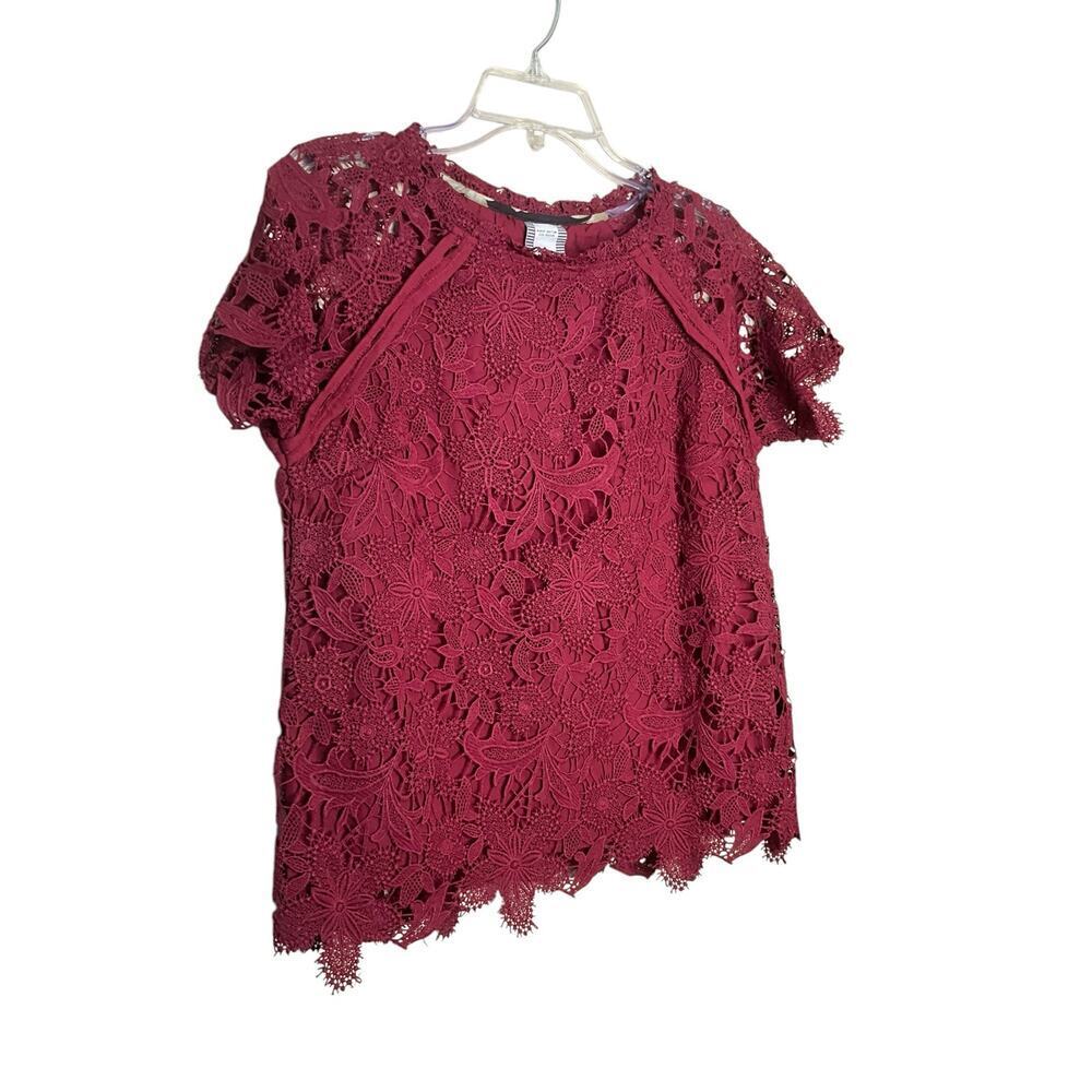 Guest Editor Floral Lace Blouse Short Sleeve Pullover Lined Burgundy‎ Size M NEW